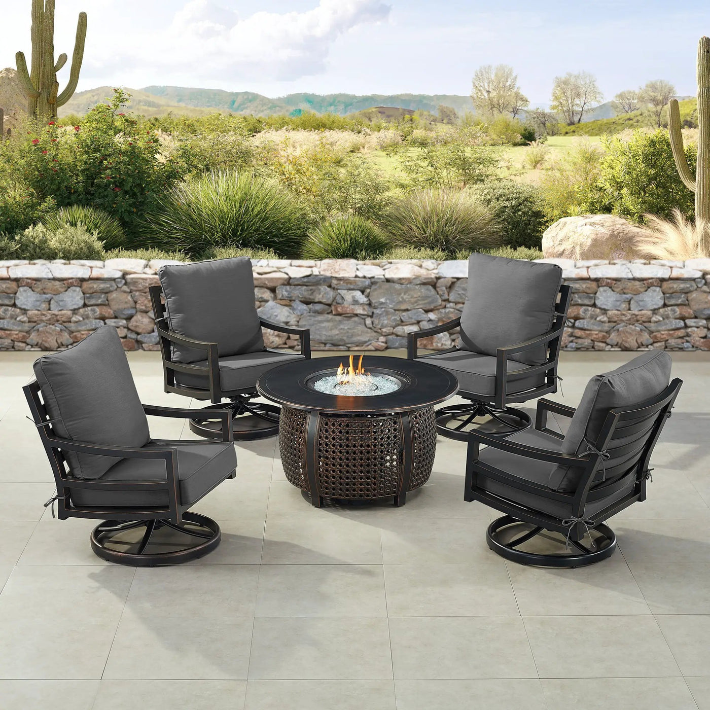 Black Aluminum Fire Table Set with Four Club Chairs by Sharicks