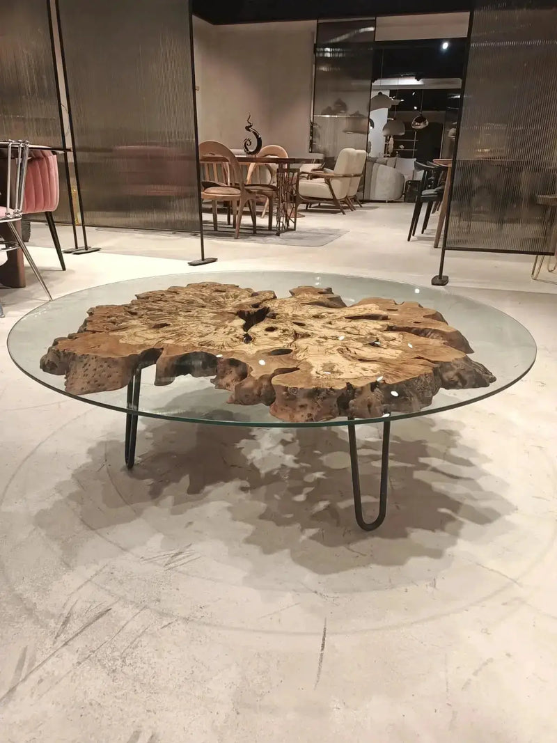 Olive Wood Rustic Coffee Table Featured Glass On Top by Gizz