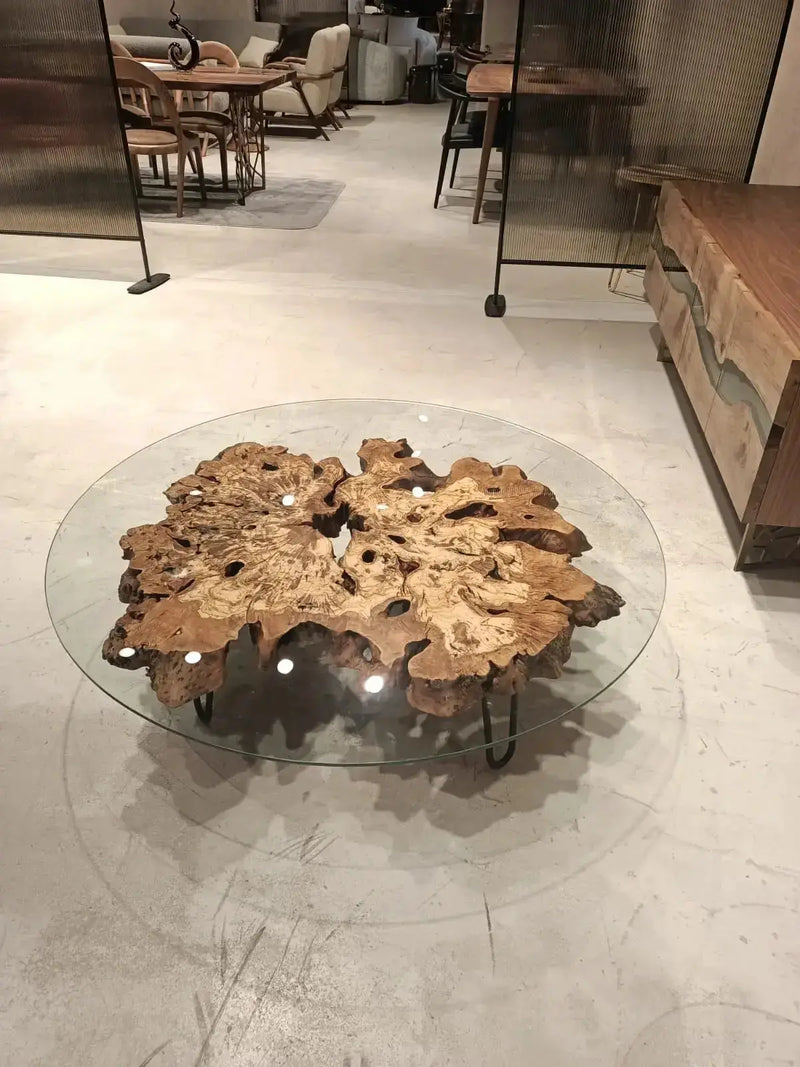 Olive Wood Rustic Coffee Table Featured Glass On Top by Gizz