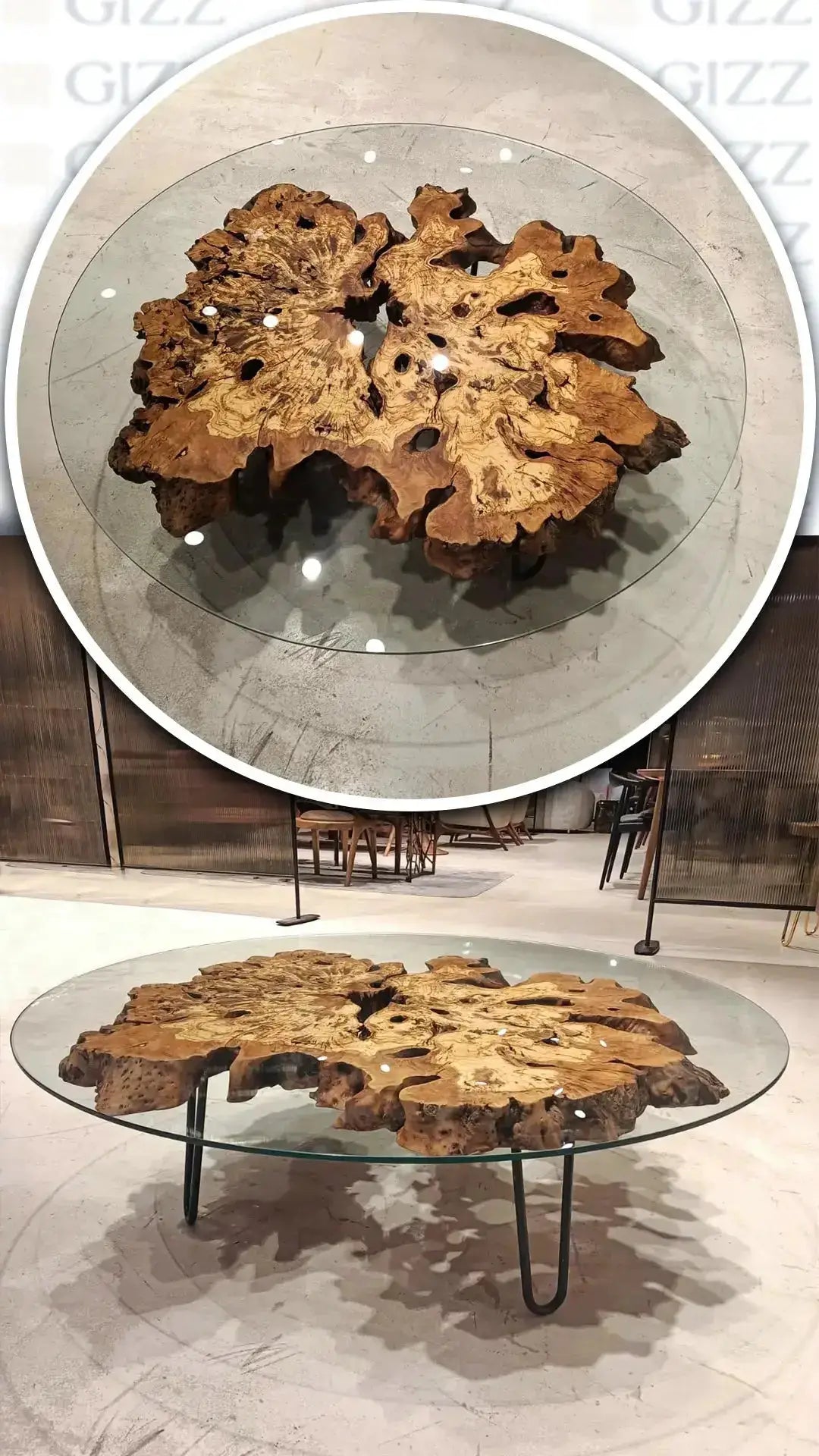 Olive Wood Rustic Coffee Table Featured Glass On Top by Gizz