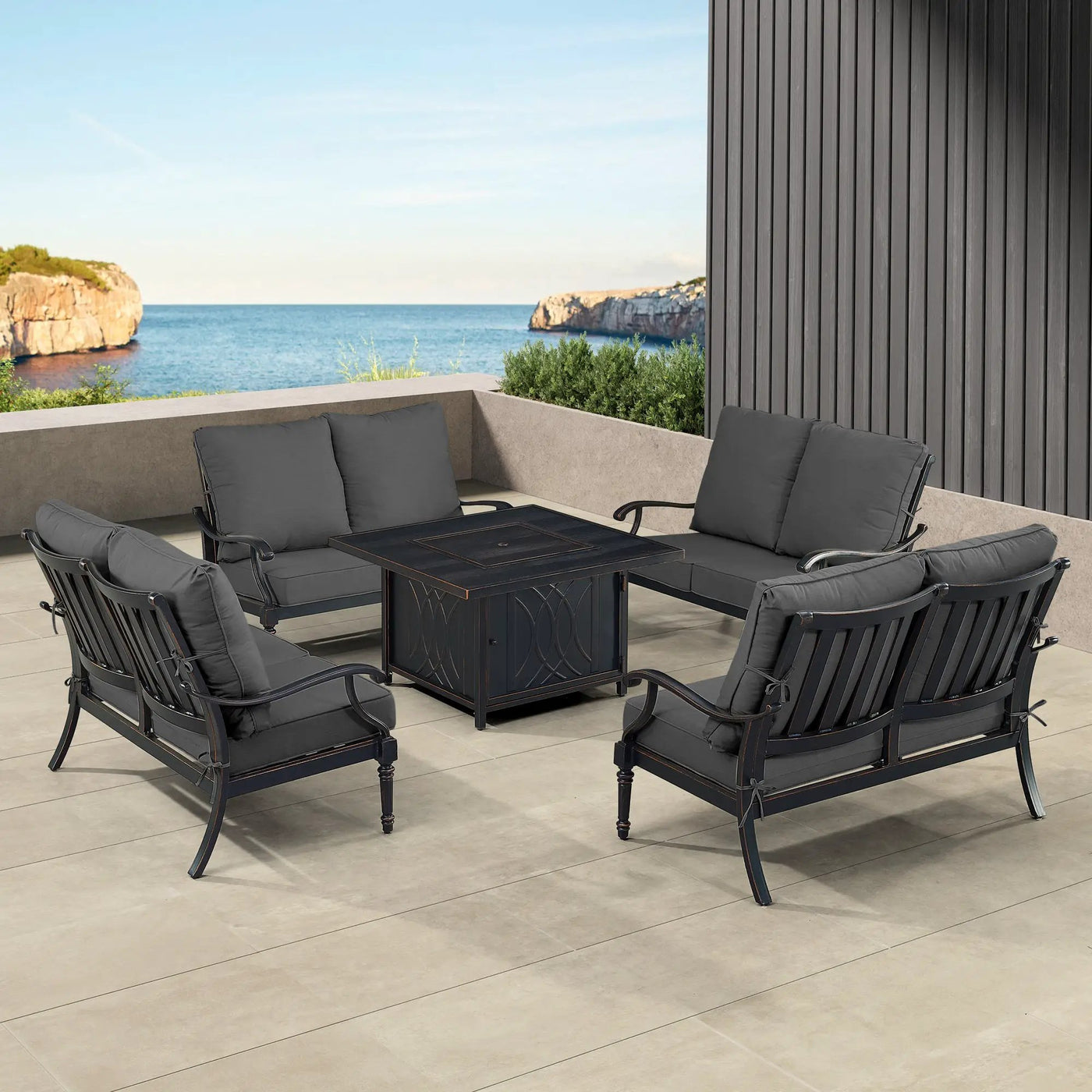Black Aluminum Fire Table Set with Four Deep Seating Loveseats by Sharicks