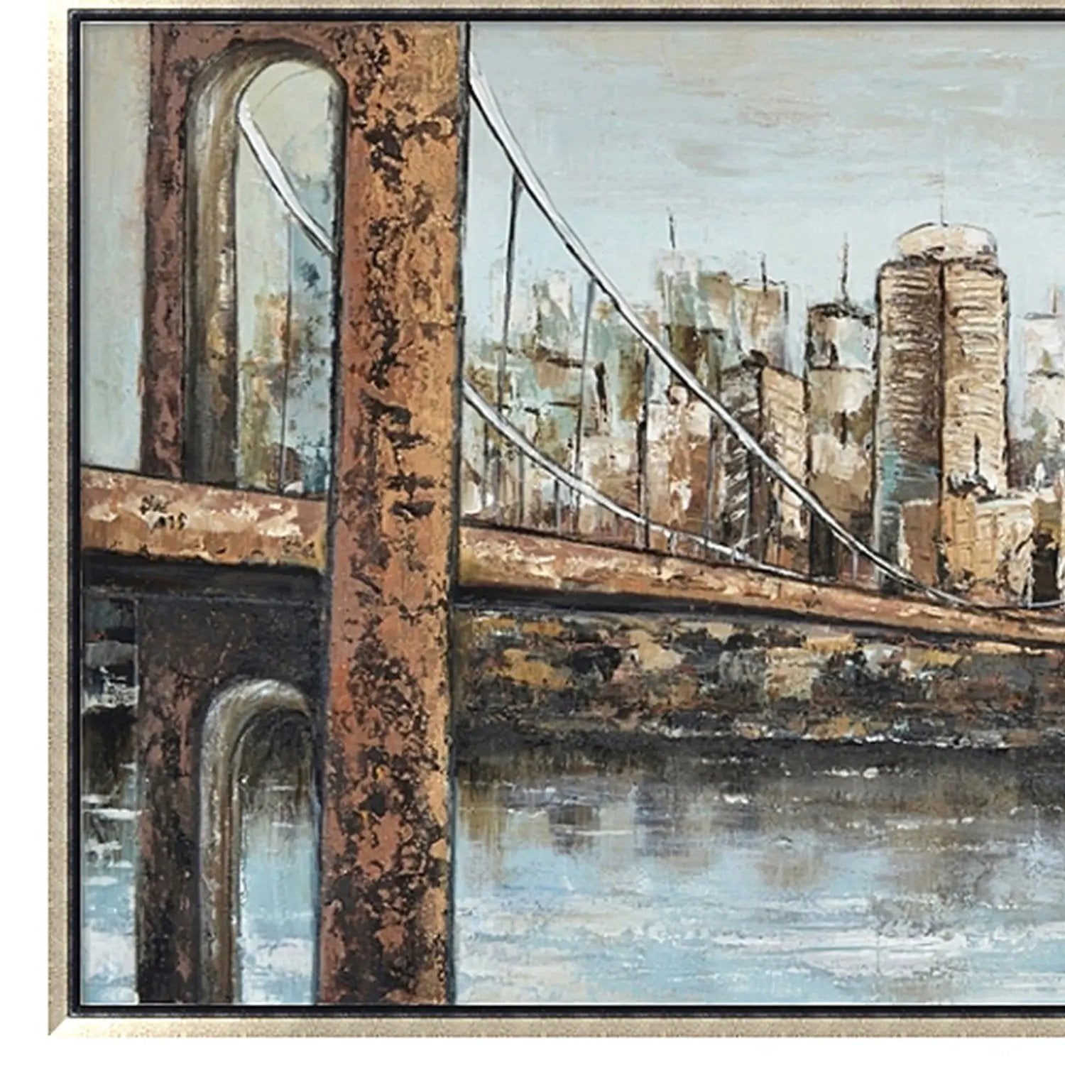 Hand Painted Acrylic Wall Art New York Cityscape on a 55 x 28 Rectangular Canvas with a Champagne Wooden Frame by Sharicks