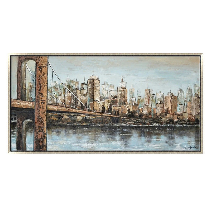 Hand Painted Acrylic Wall Art New York Cityscape on a 55 x 28 Rectangular Canvas with a Champagne Wooden Frame by Sharicks