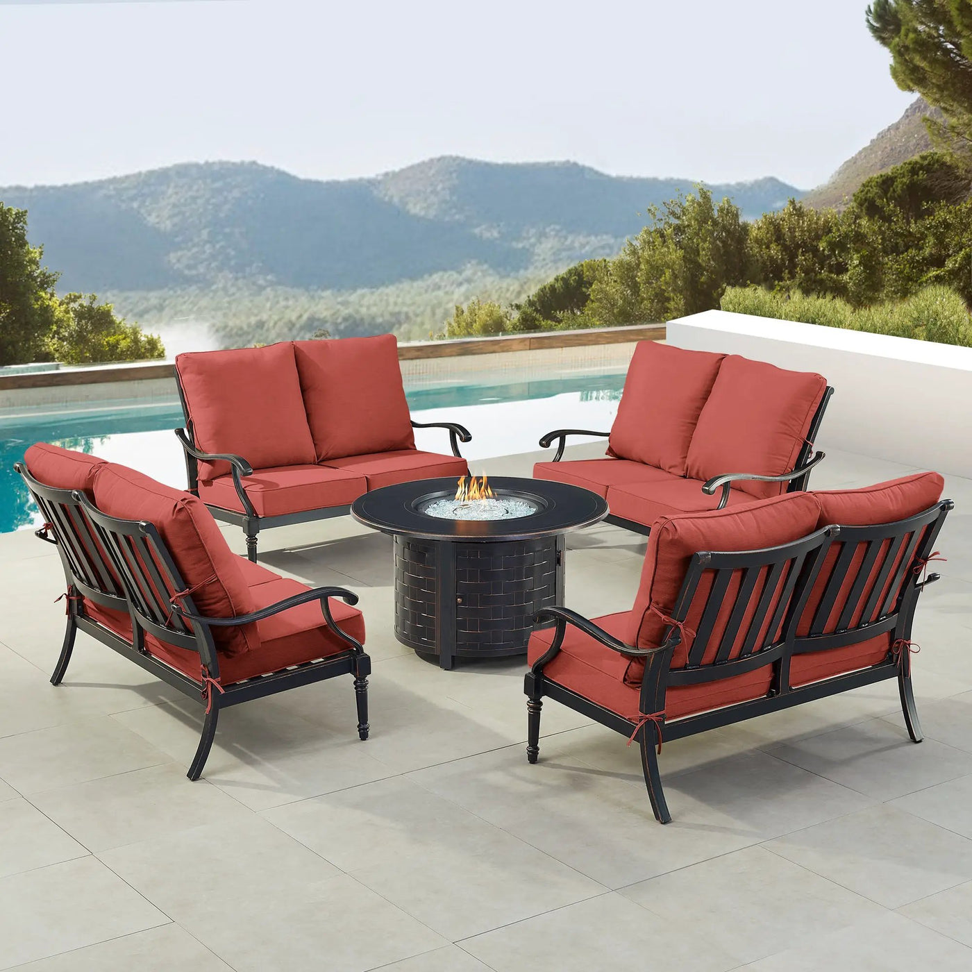 Black Aluminum Fire Table Set with Four Deep Seating Loveseats by Sharicks