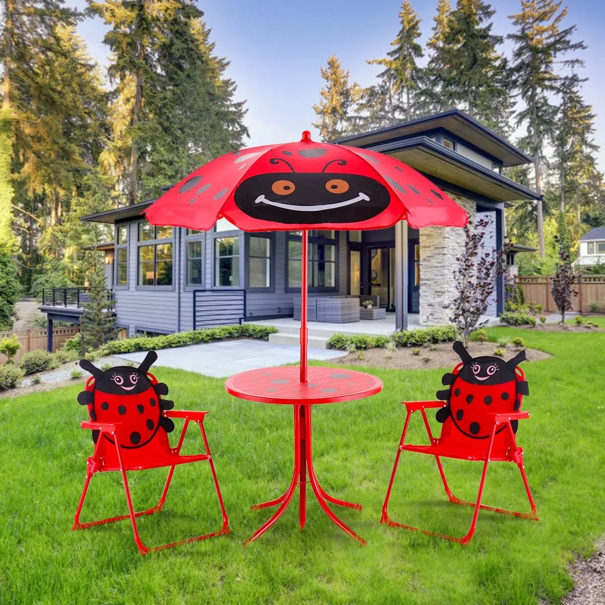 Kids Patio Folding Table and Chairs Set Beetle with Umbrella by DirectDeals
