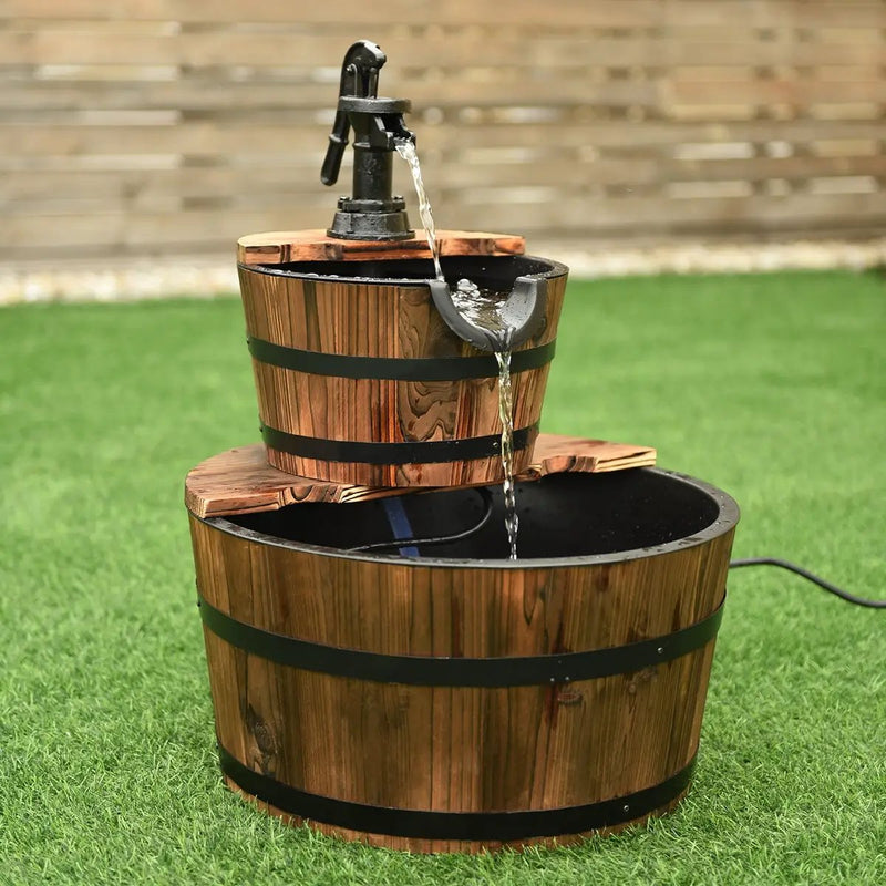 2-Tiers Outdoor Wooden Barrel Waterfall Fountain with Pump by DirectDeals