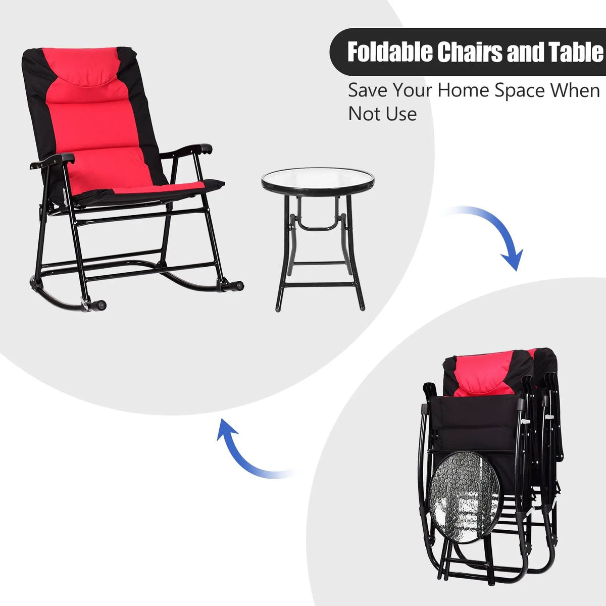 3 Pcs Outdoor Folding Rocking Chair Table Set with Cushion by DirectDeals