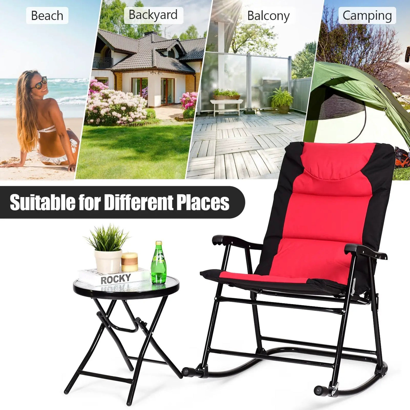 3 Pcs Outdoor Folding Rocking Chair Table Set with Cushion by DirectDeals