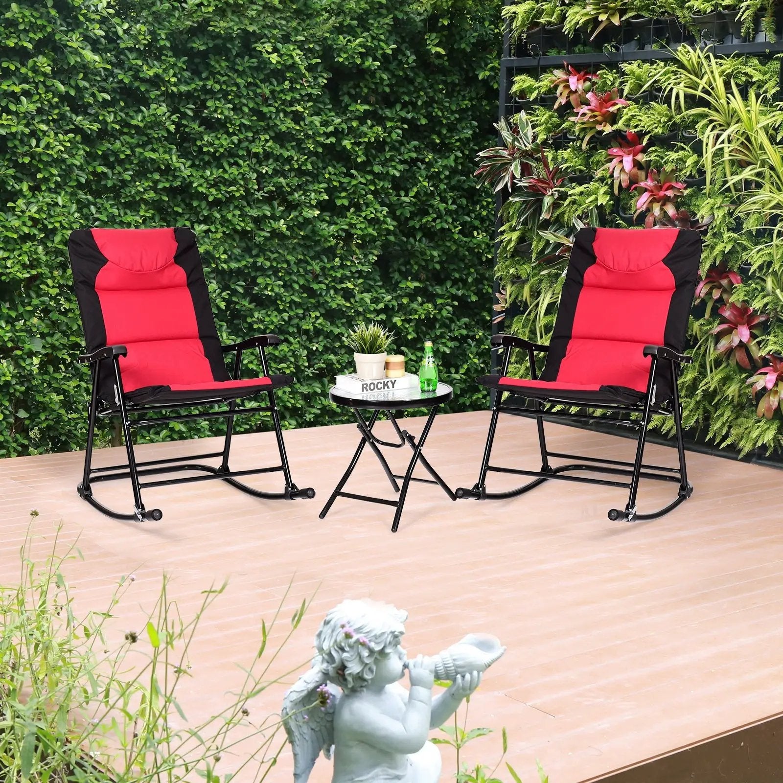 3 Pcs Outdoor Folding Rocking Chair Table Set with Cushion by DirectDeals