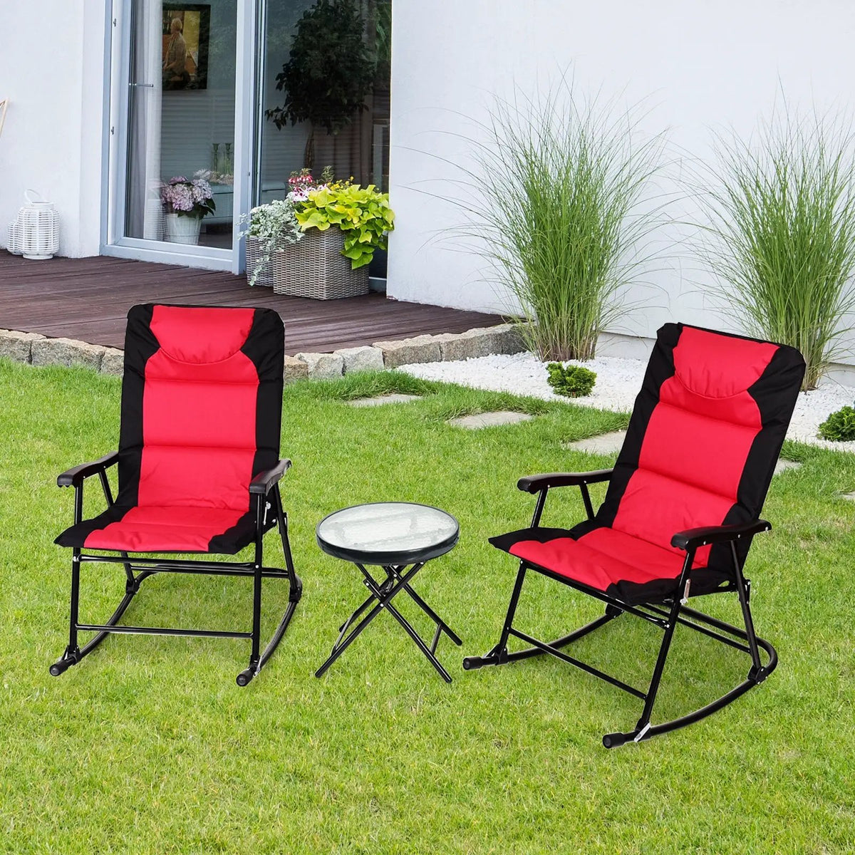 3 Pcs Outdoor Folding Rocking Chair Table Set with Cushion by DirectDeals