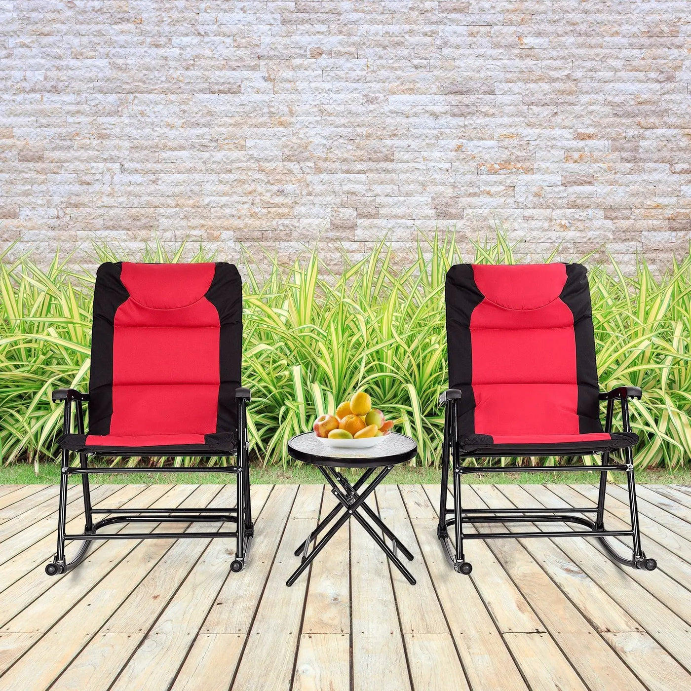 3 Pcs Outdoor Folding Rocking Chair Table Set with Cushion by DirectDeals