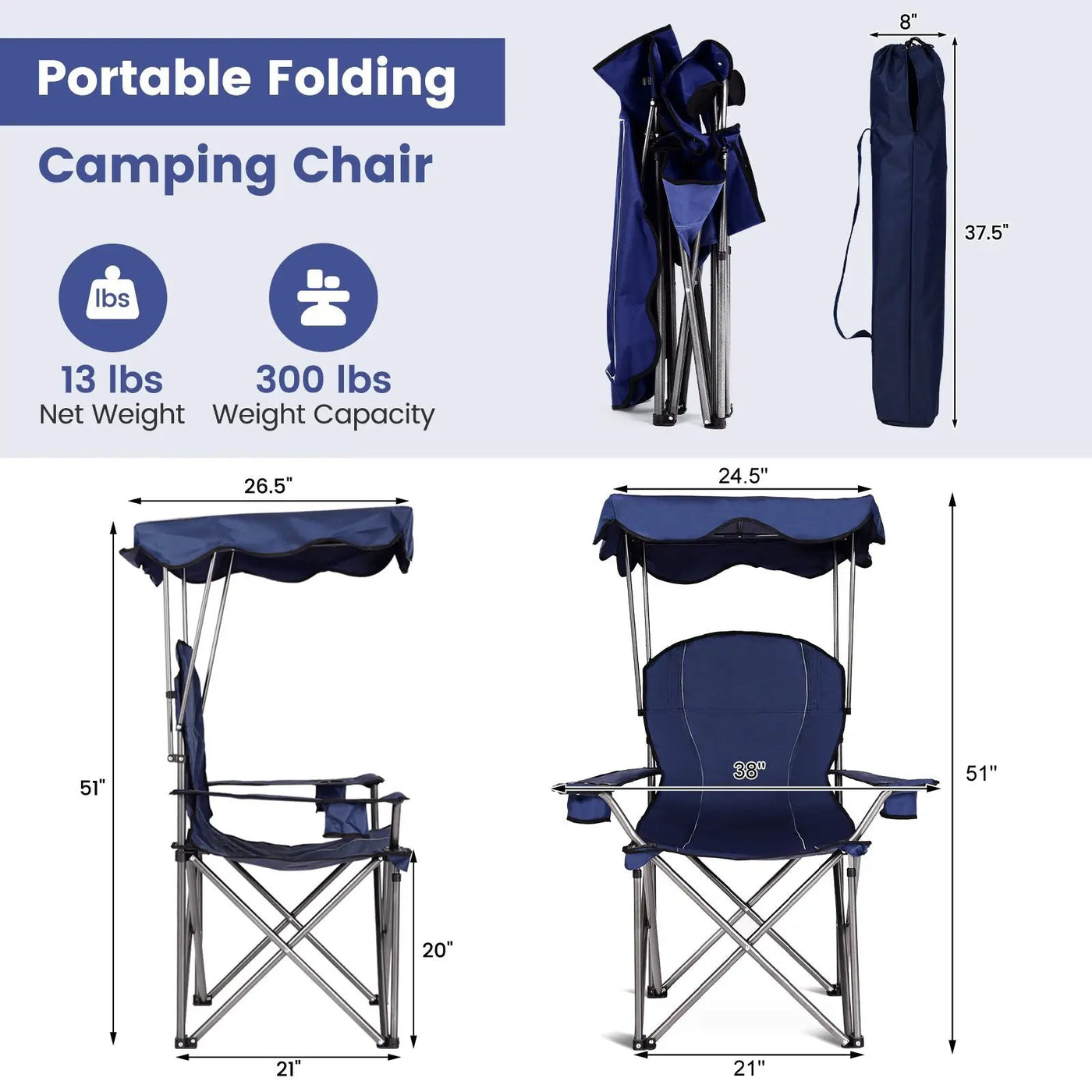 Portable Folding Beach Canopy Chair with Cup Holders by DirectDeals
