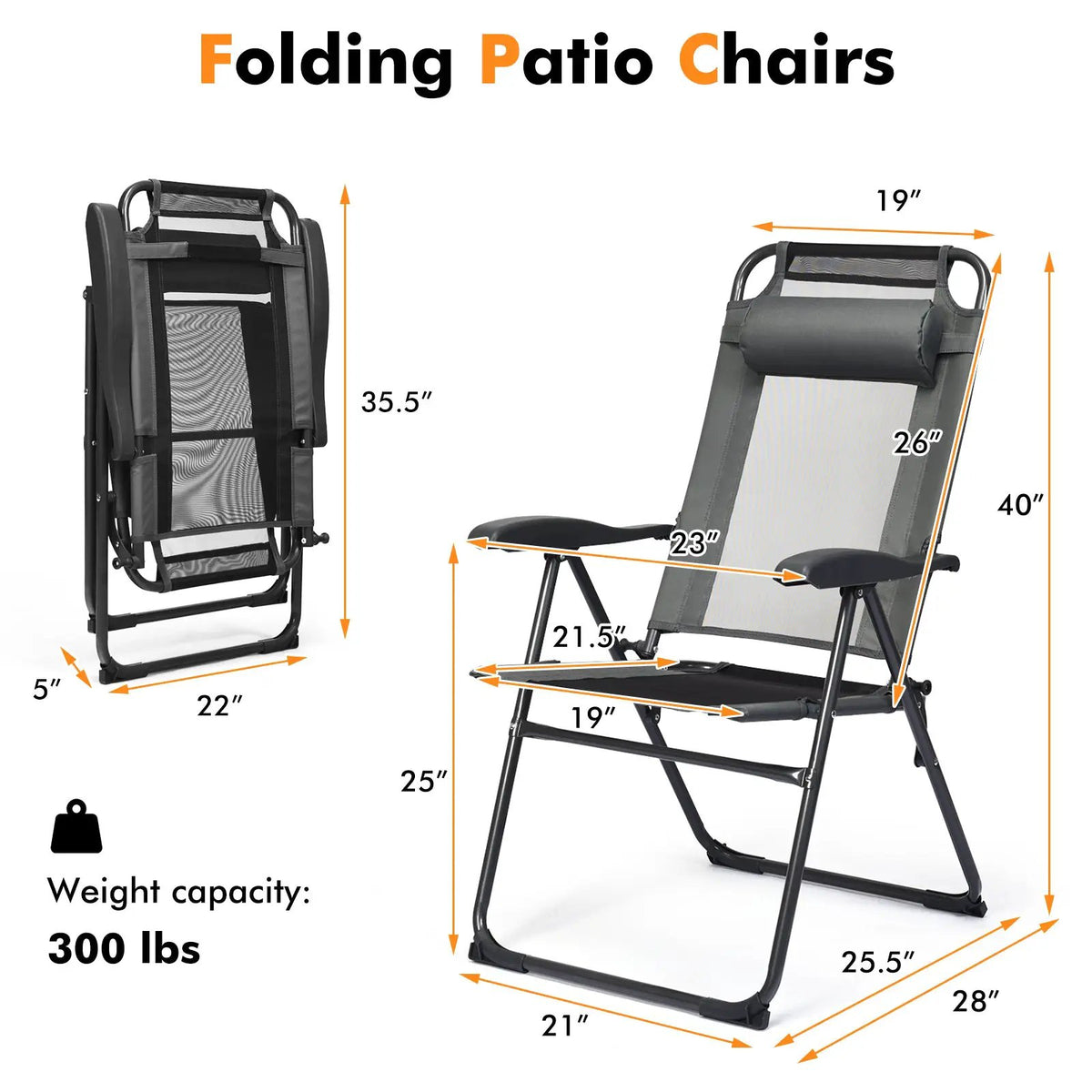 2 Pieces Patio Adjustable Folding Recliner Chairs with 7 Level Adjustable Backrest by DirectDeals