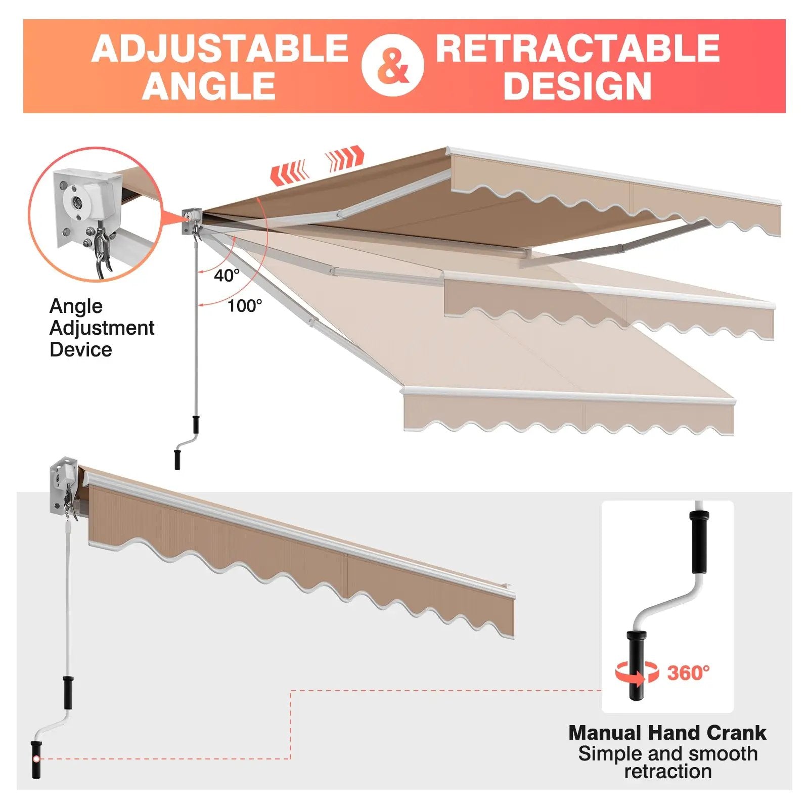 8 x 6.6 Feet Patio Retractable Awning with Manual Crank Handle by DirectDeals
