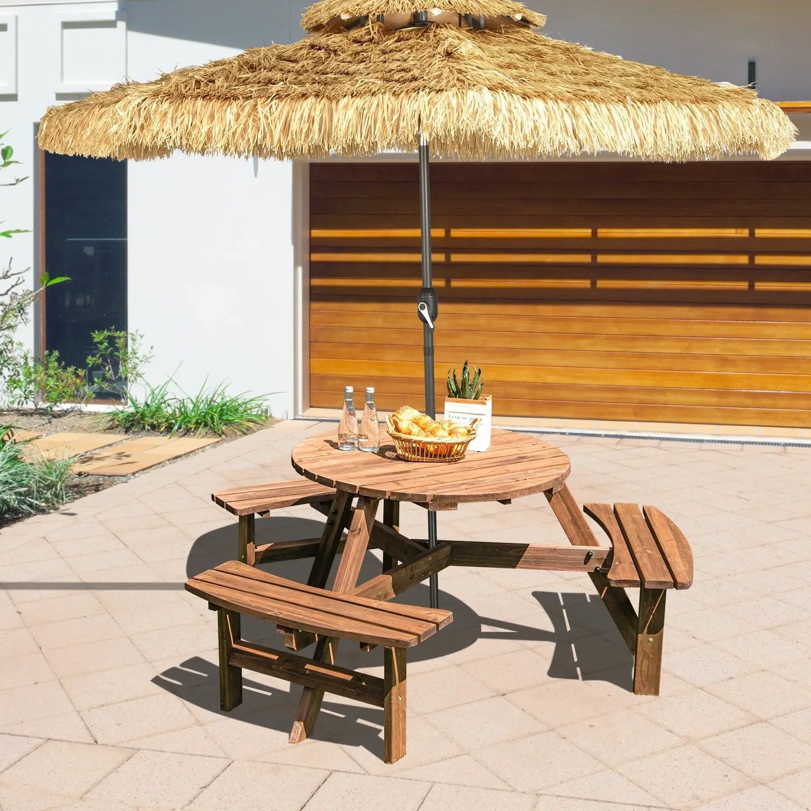 6 Person Wooden Picnic Table Set with Bench and Umbrella Hold by DirectDeals