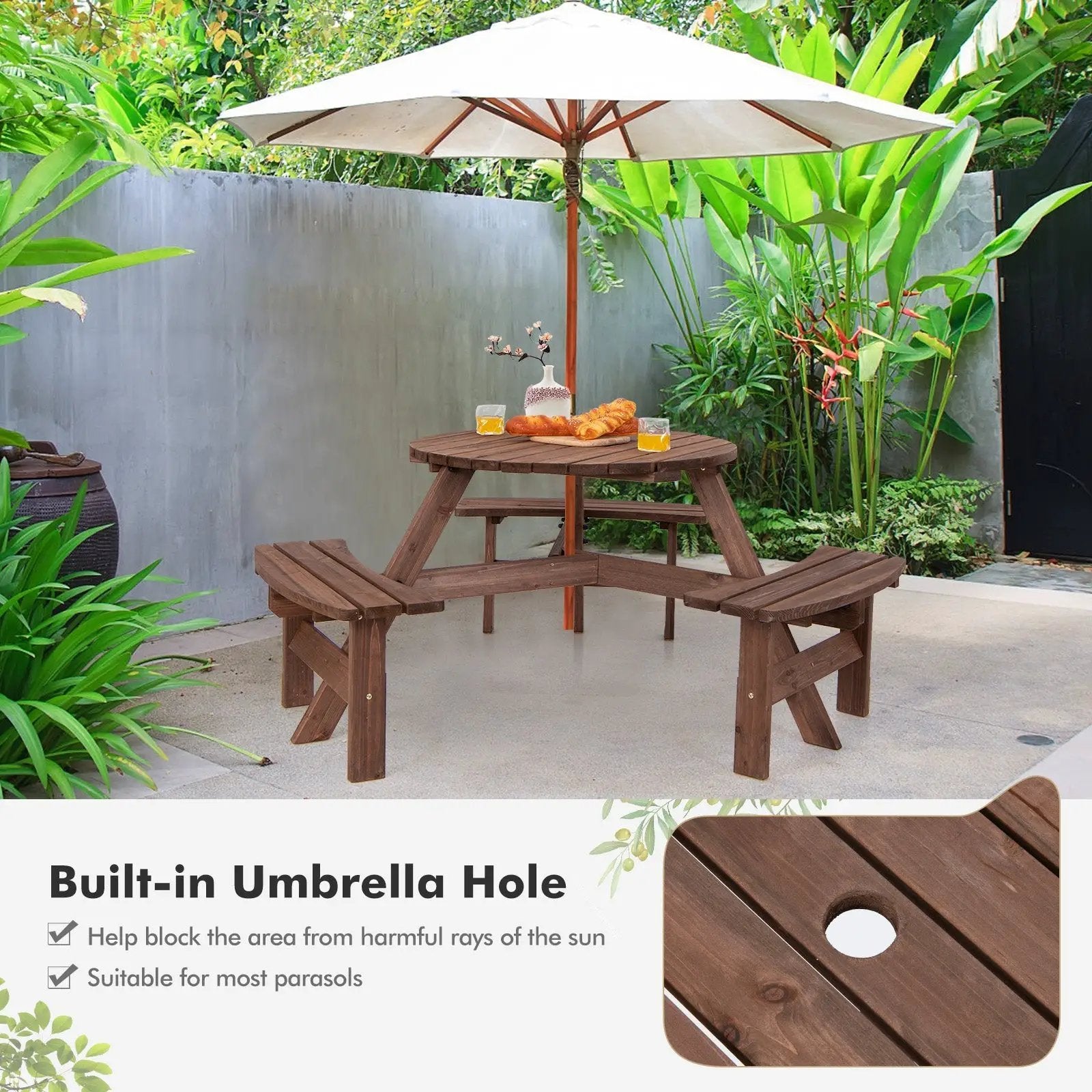 6 Person Wooden Picnic Table Set with Bench and Umbrella Hold by DirectDeals