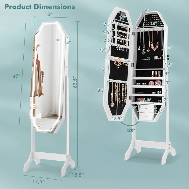 Standing Jewelry Cabinet Armoire Organizer LED Light Mirror Lockable White by DirectDeals