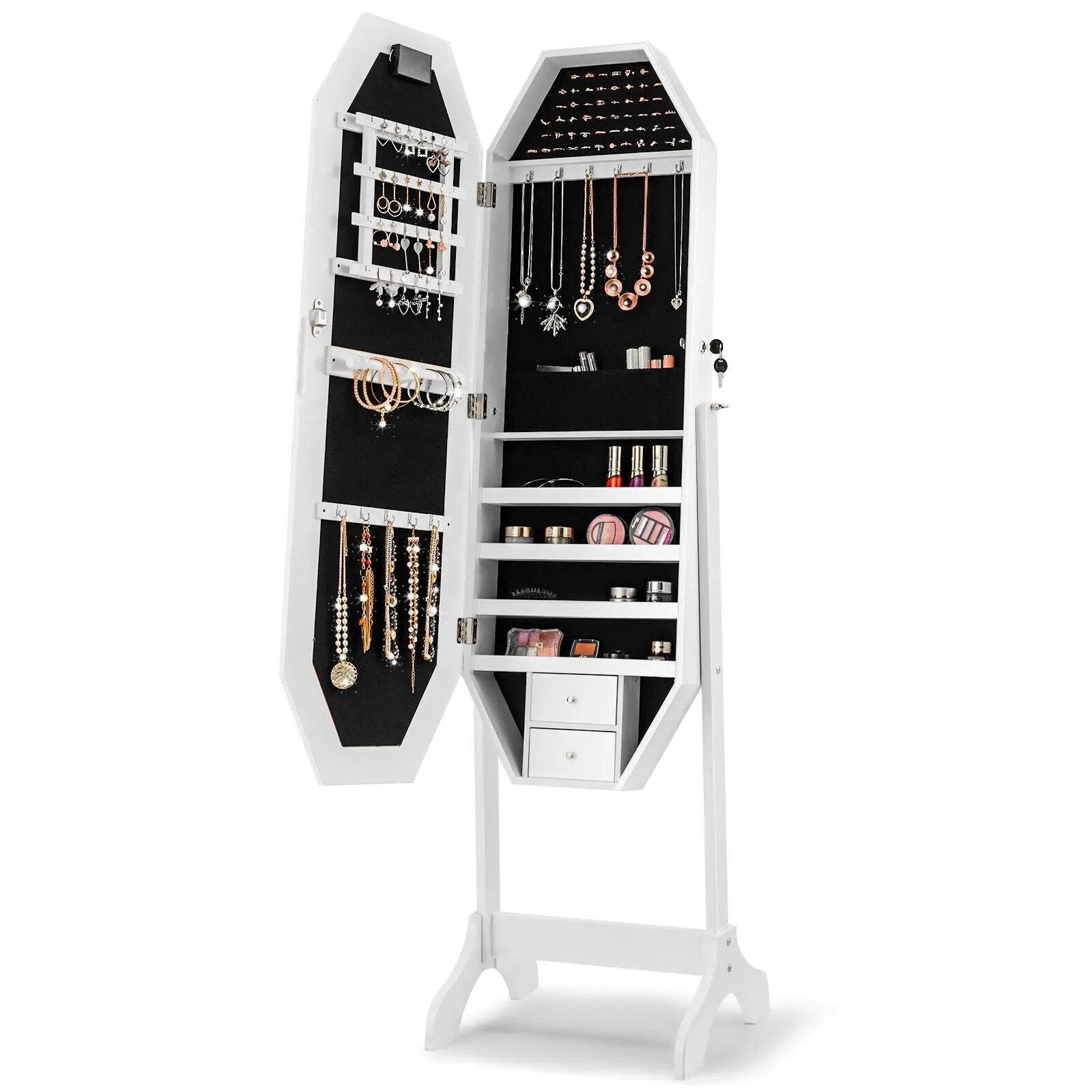 Standing Jewelry Cabinet Armoire Organizer LED Light Mirror Lockable White by DirectDeals