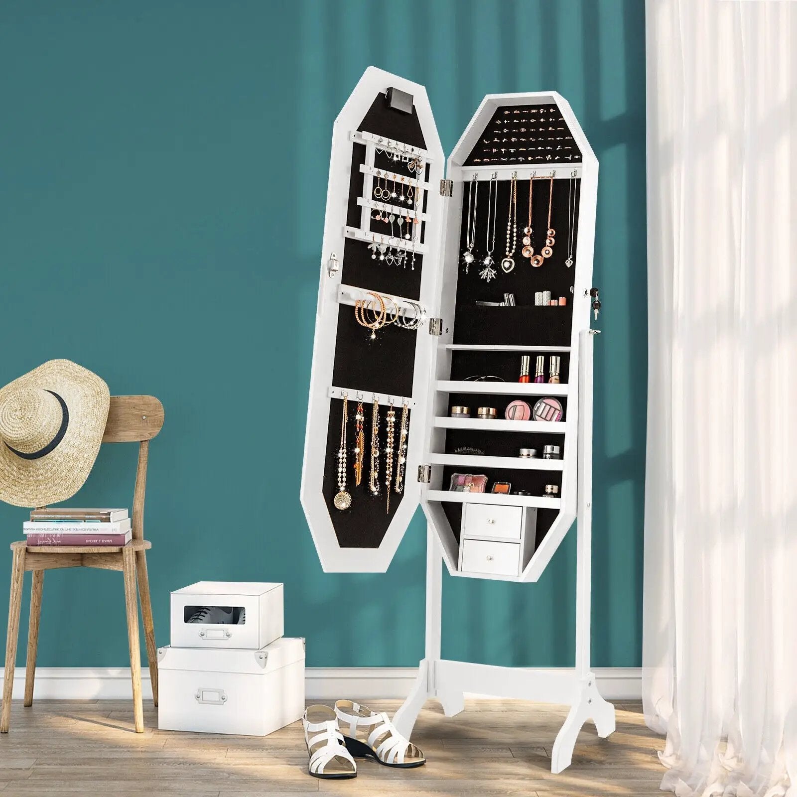 Standing Jewelry Cabinet Armoire Organizer LED Light Mirror Lockable White by DirectDeals