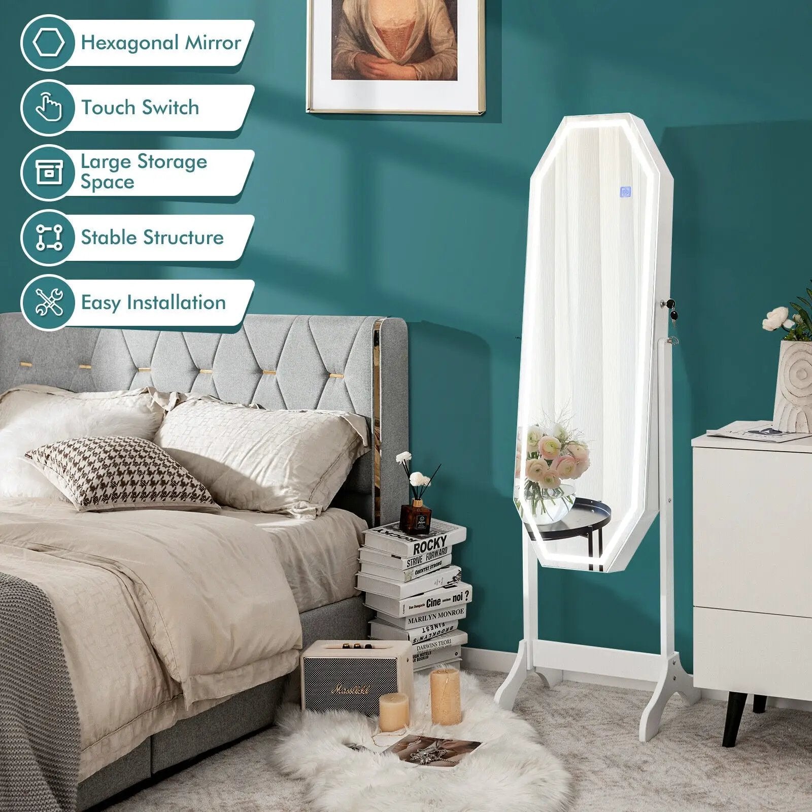 Standing Jewelry Cabinet Armoire Organizer LED Light Mirror Lockable White by DirectDeals