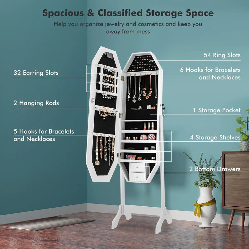 Standing Jewelry Cabinet Armoire Organizer LED Light Mirror Lockable White by DirectDeals