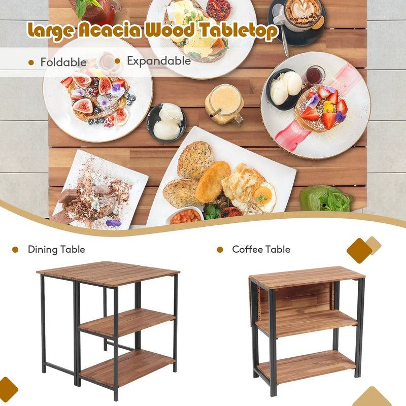 Acacia Wood Patio Folding Dining Table Storage Shelves by DirectDeals