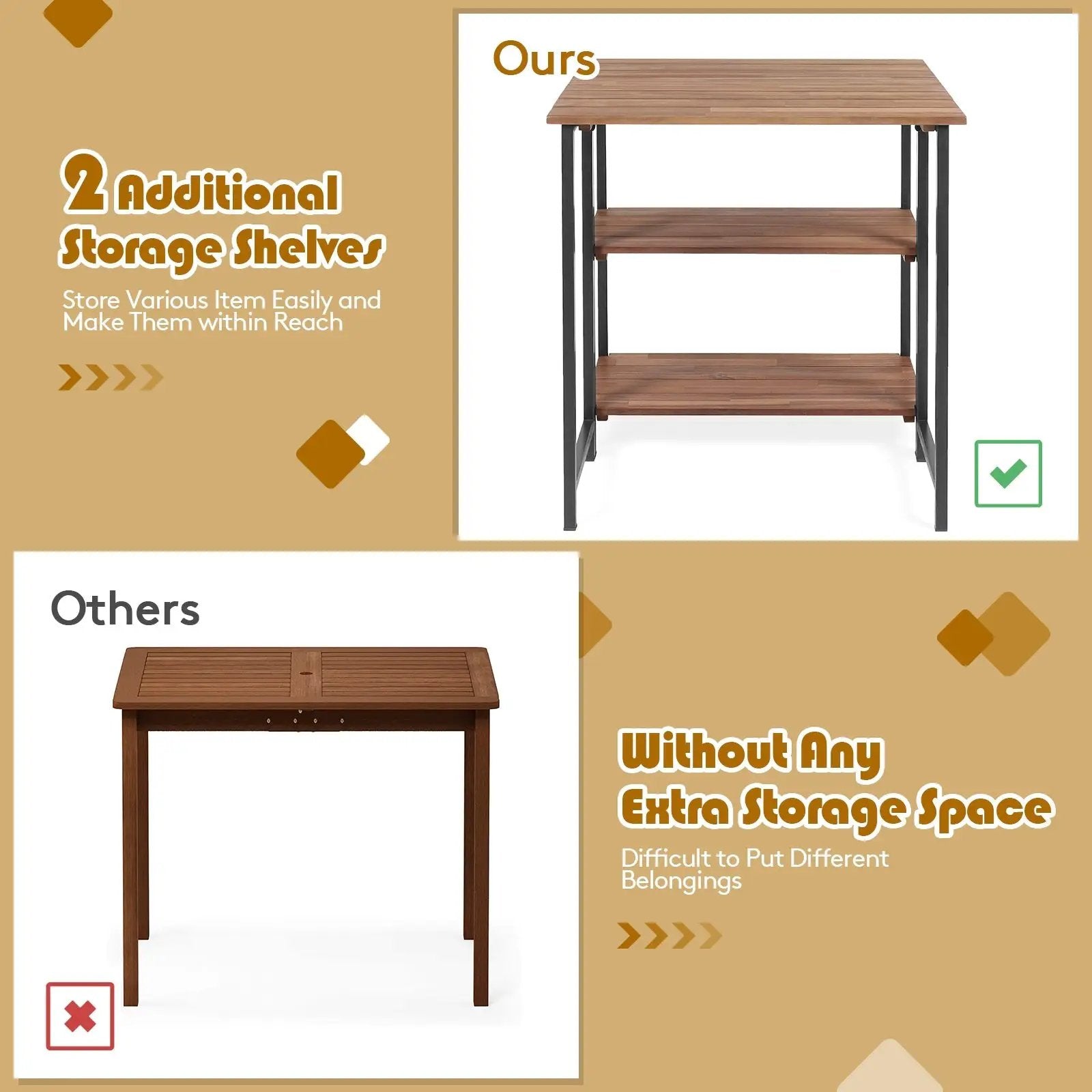 Acacia Wood Patio Folding Dining Table Storage Shelves by DirectDeals