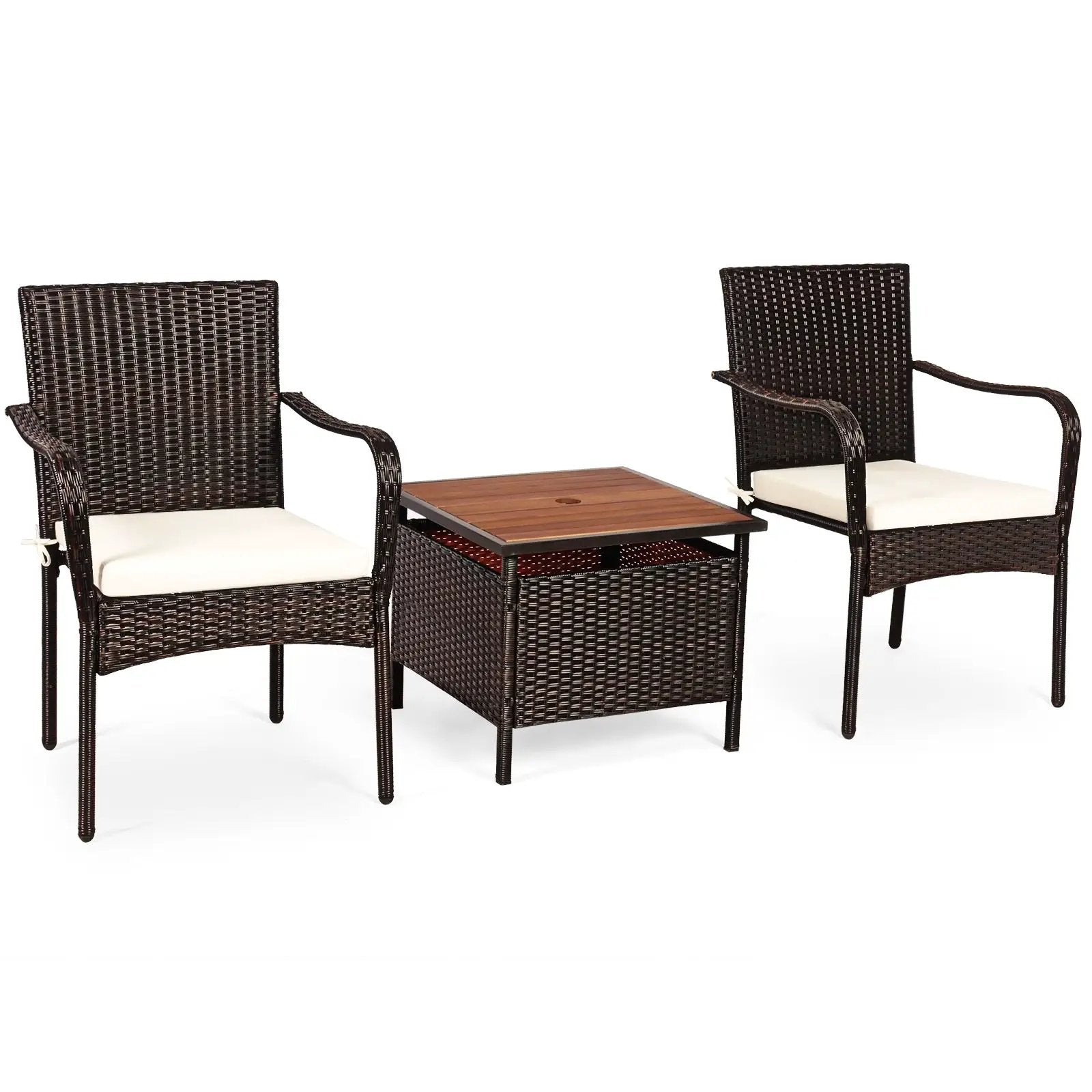 3 Pieces Patio Rattan Furniture Bistro Set with Wood Side Table and Stackable Chair by DirectDeals