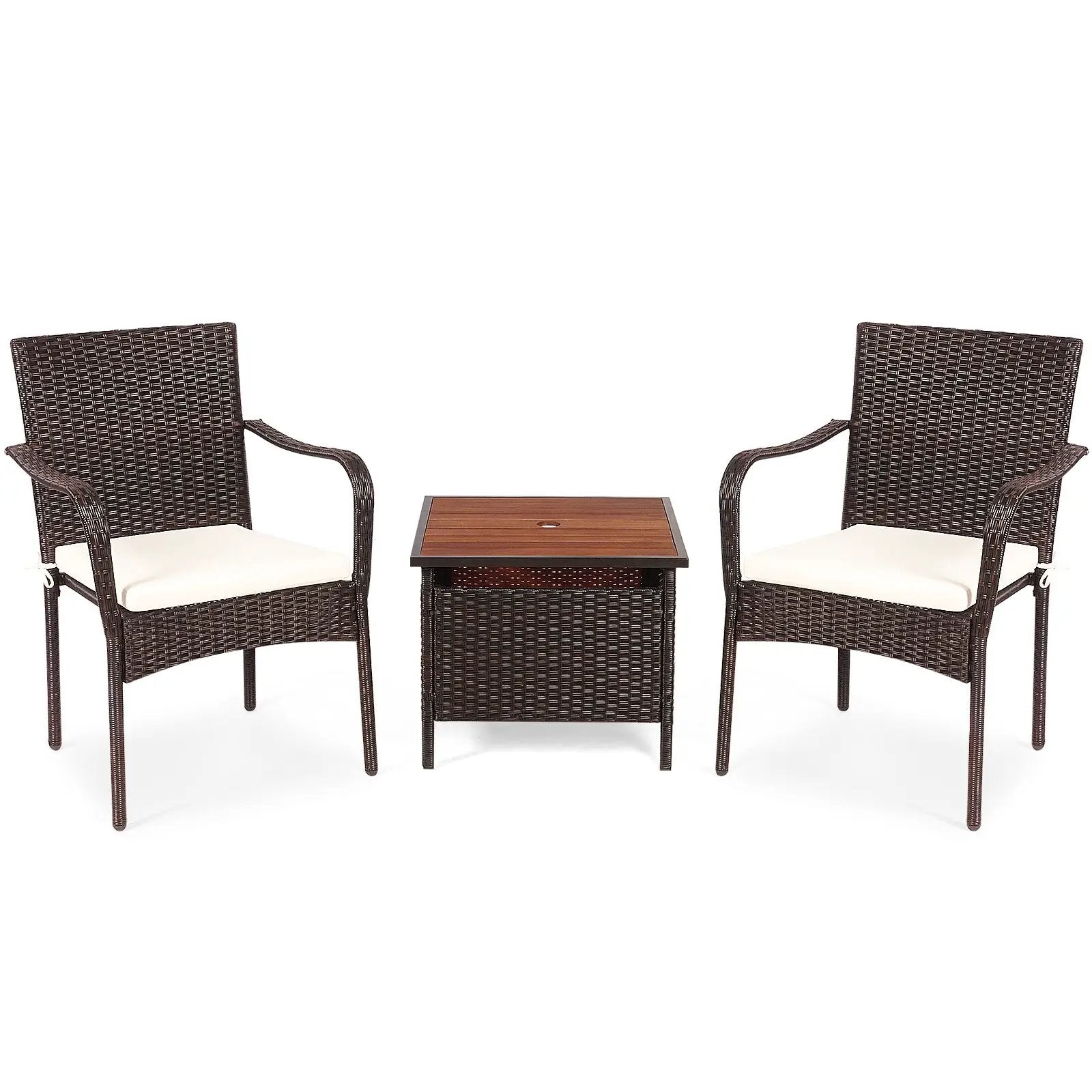 3 Pieces Patio Rattan Furniture Bistro Set with Wood Side Table and Stackable Chair by DirectDeals