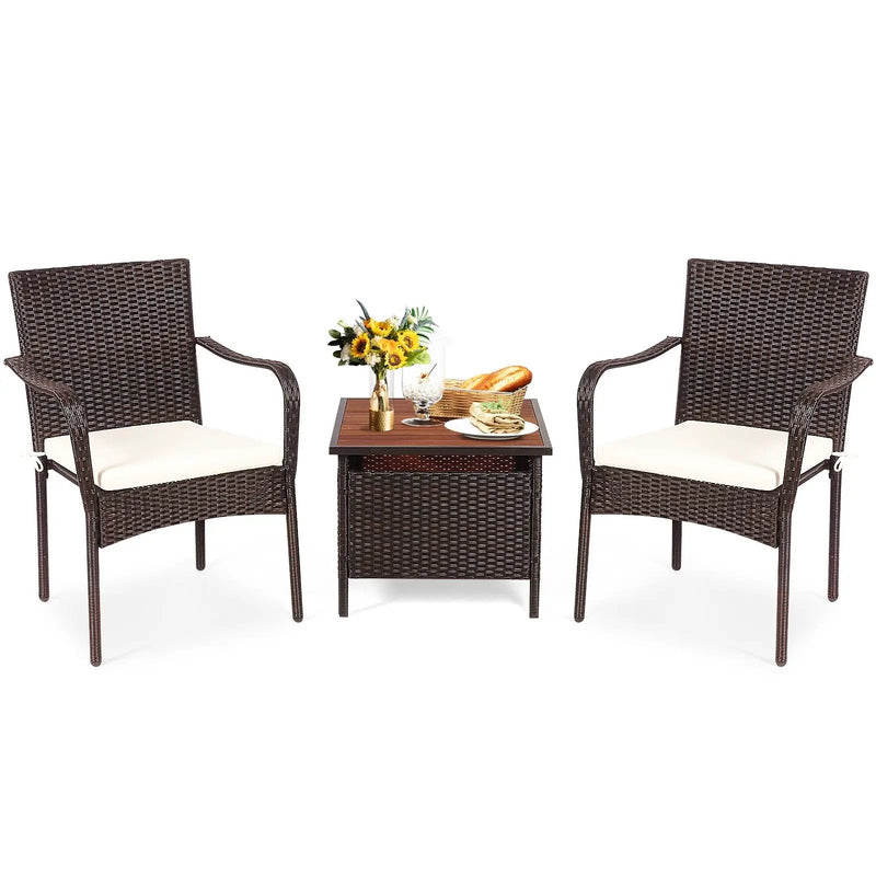 3 Pieces Patio Rattan Furniture Bistro Set with Wood Side Table and Stackable Chair by DirectDeals