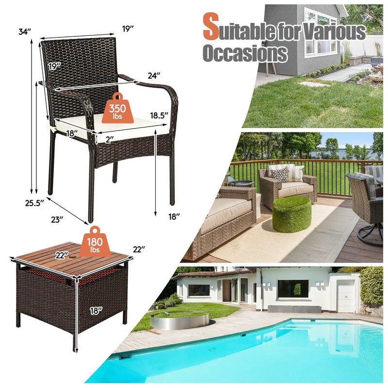 3 Pieces Patio Rattan Furniture Bistro Set with Wood Side Table and Stackable Chair by DirectDeals