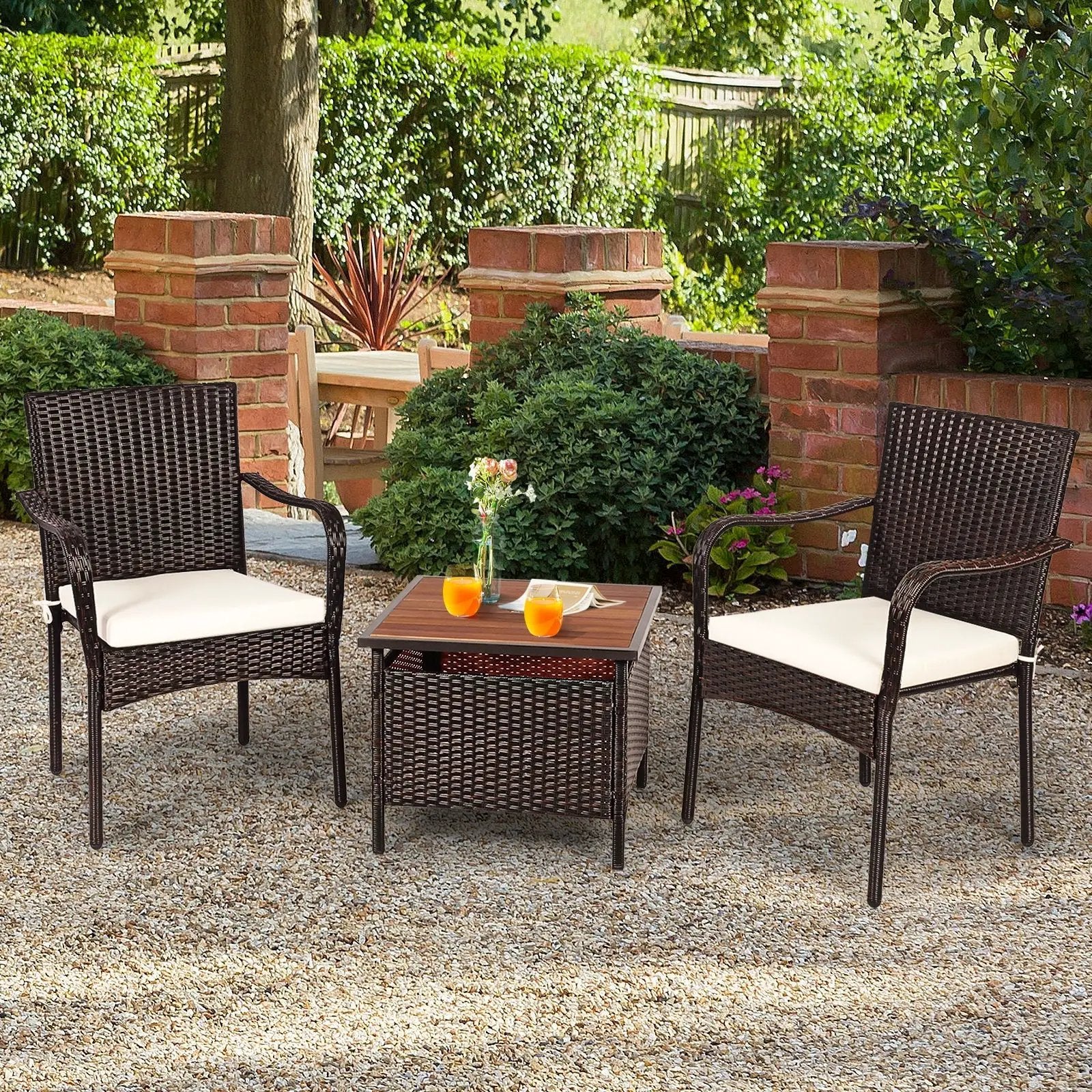 3 Pieces Patio Rattan Furniture Bistro Set with Wood Side Table and Stackable Chair by DirectDeals
