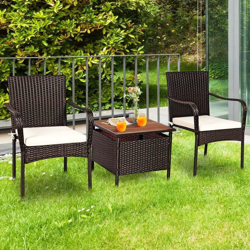 3 Pieces Patio Rattan Furniture Bistro Set with Wood Side Table and Stackable Chair by DirectDeals