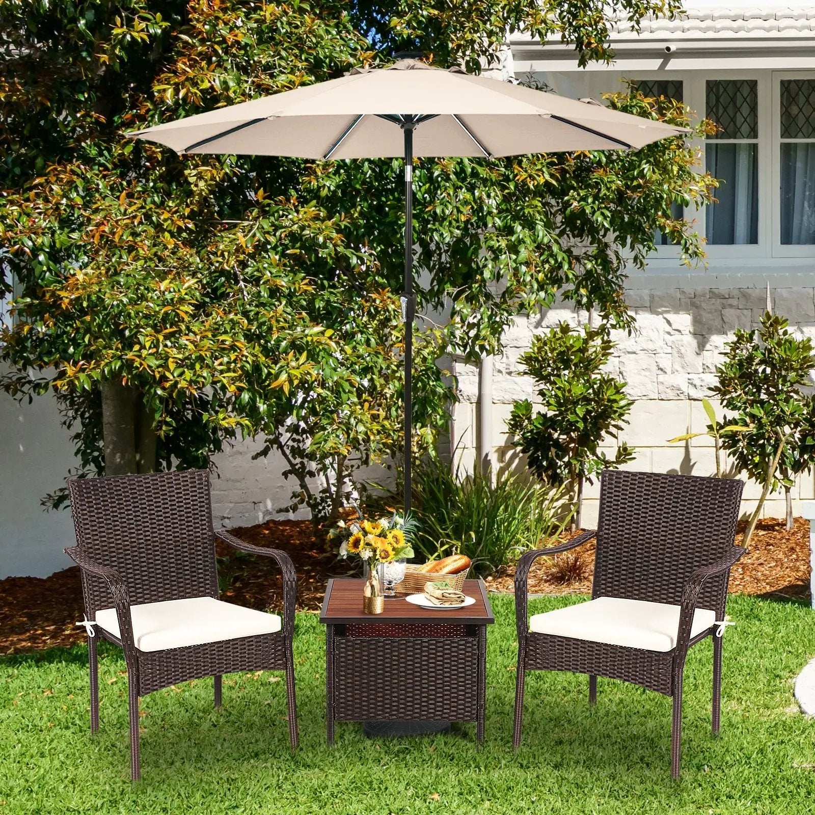 3 Pieces Patio Rattan Furniture Bistro Set with Wood Side Table and Stackable Chair by DirectDeals