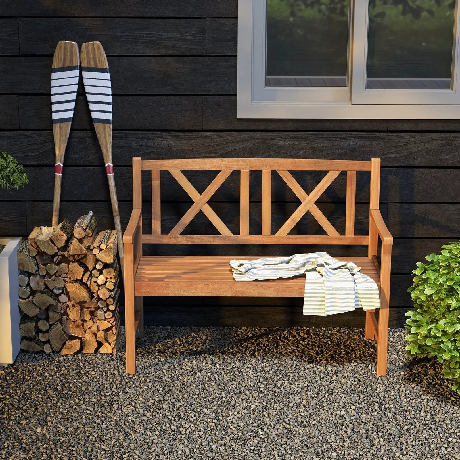 2-Person Wood Outdoor Bench with Cozy Armrest and Backrest by DirectDeals
