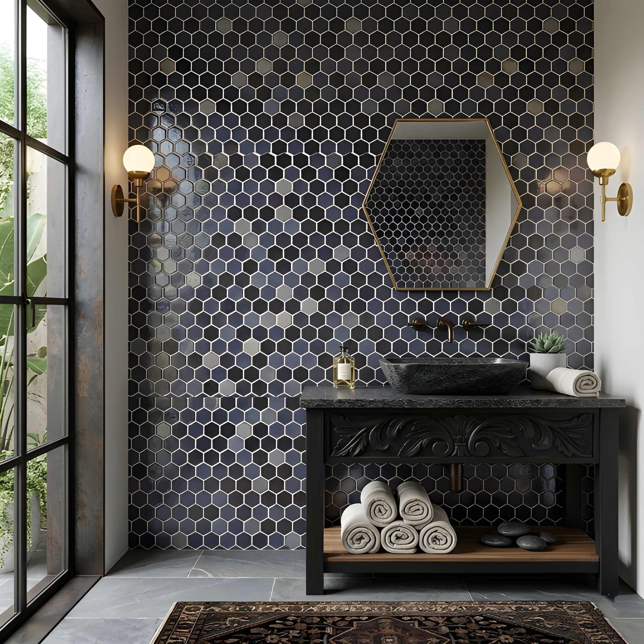 Opalo Black Multi Finish Hexagon Glass Mosaics 11 3/4x11 1/2 Glass Multi Finish 12x12 Mosaics — 3