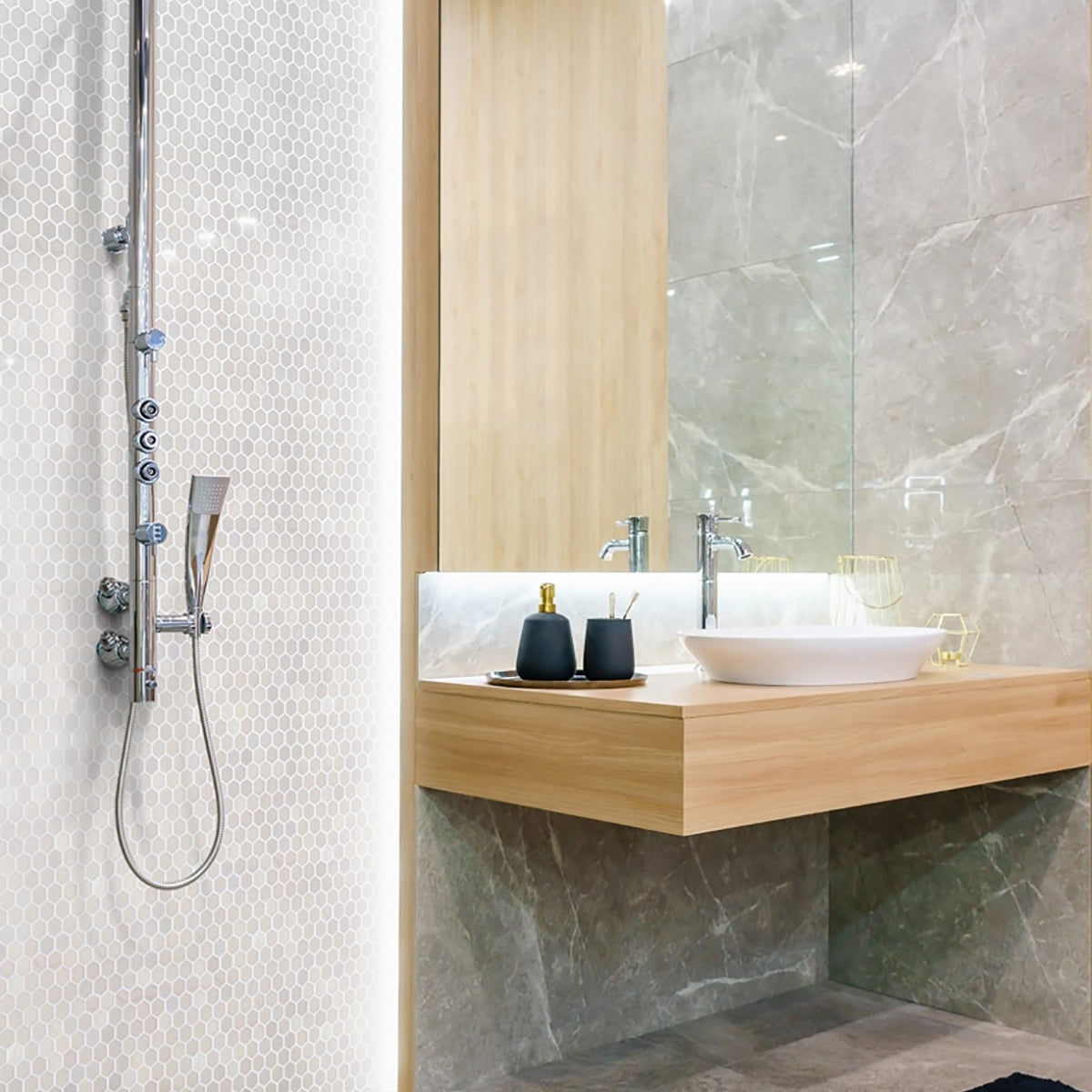 Opalo White Polished Hexagon Glass Mosaics 11 3/4x11 1/2 Glass Polished 12x12 Mosaics — 2