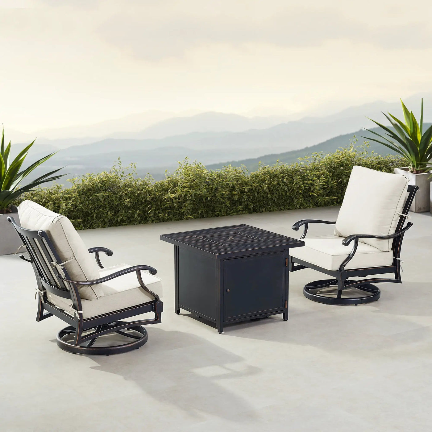 Black Aluminum Fire Table Bistro Set with Two Club Chairs by Sharicks
