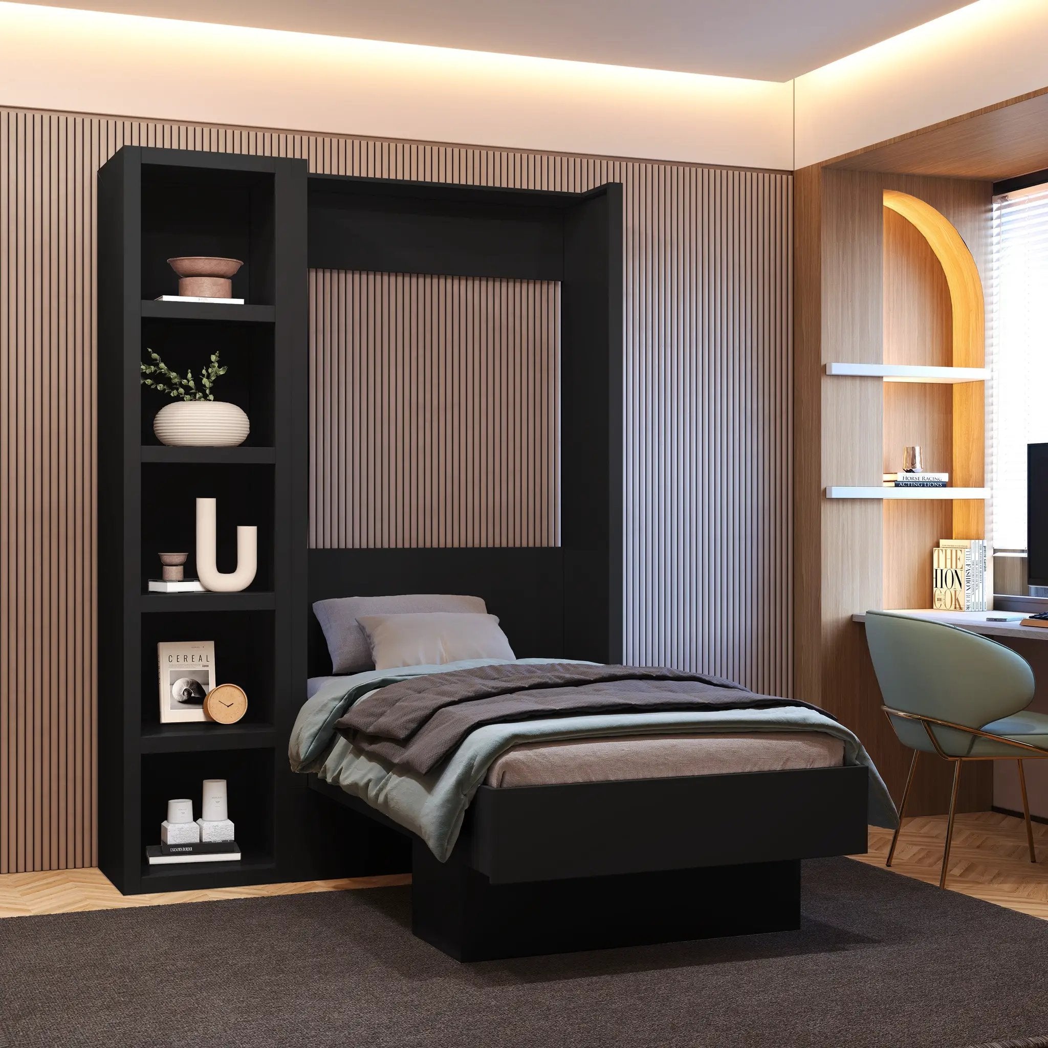 Easy-Lift Twin Murphy Wall Bed in Black with Bookshelf by Sharicks
