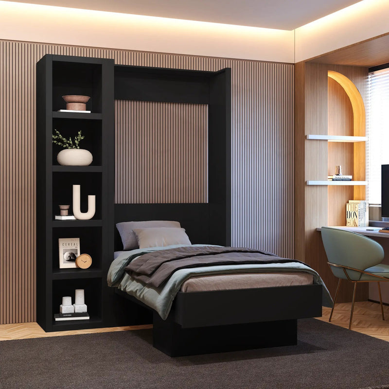 Easy-Lift Twin Murphy Wall Bed in Black with Bookshelf by Sharicks