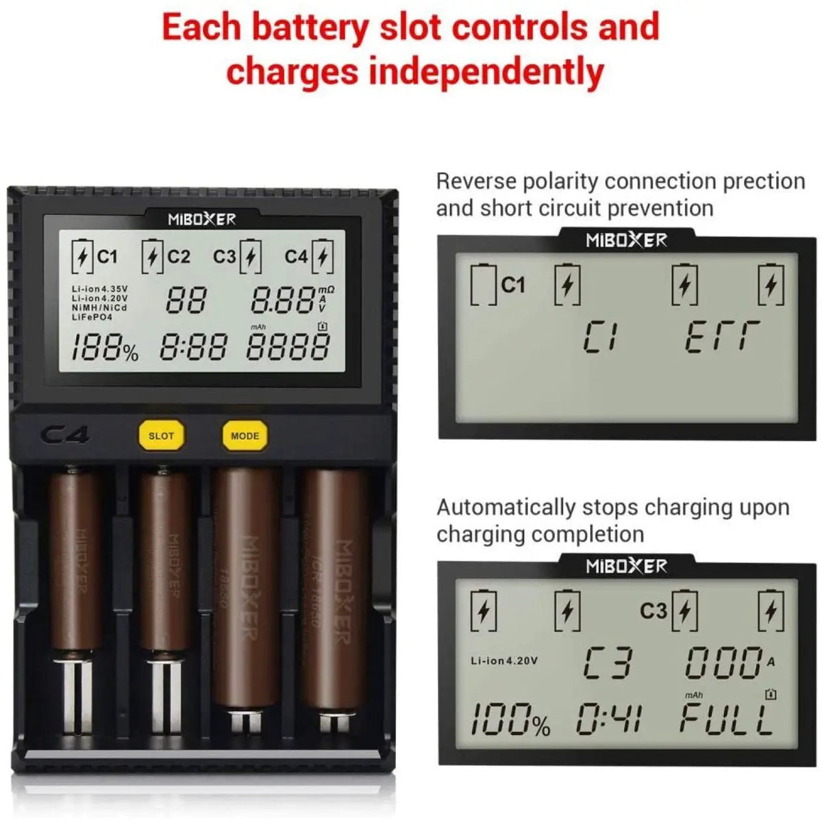 Original MiBOXER Smart Universal 4-Bay Charger, Automatic LCD Display,Fast Charging Rechargeable Li-ion LiFePO4 Ni-MH Ni-Cd AA AAA by Outdoor Solar Outlet