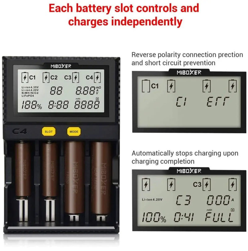 Original MiBOXER Smart Universal 4-Bay Charger, Automatic LCD Display,Fast Charging Rechargeable Li-ion LiFePO4 Ni-MH Ni-Cd AA AAA by Outdoor Solar Outlet