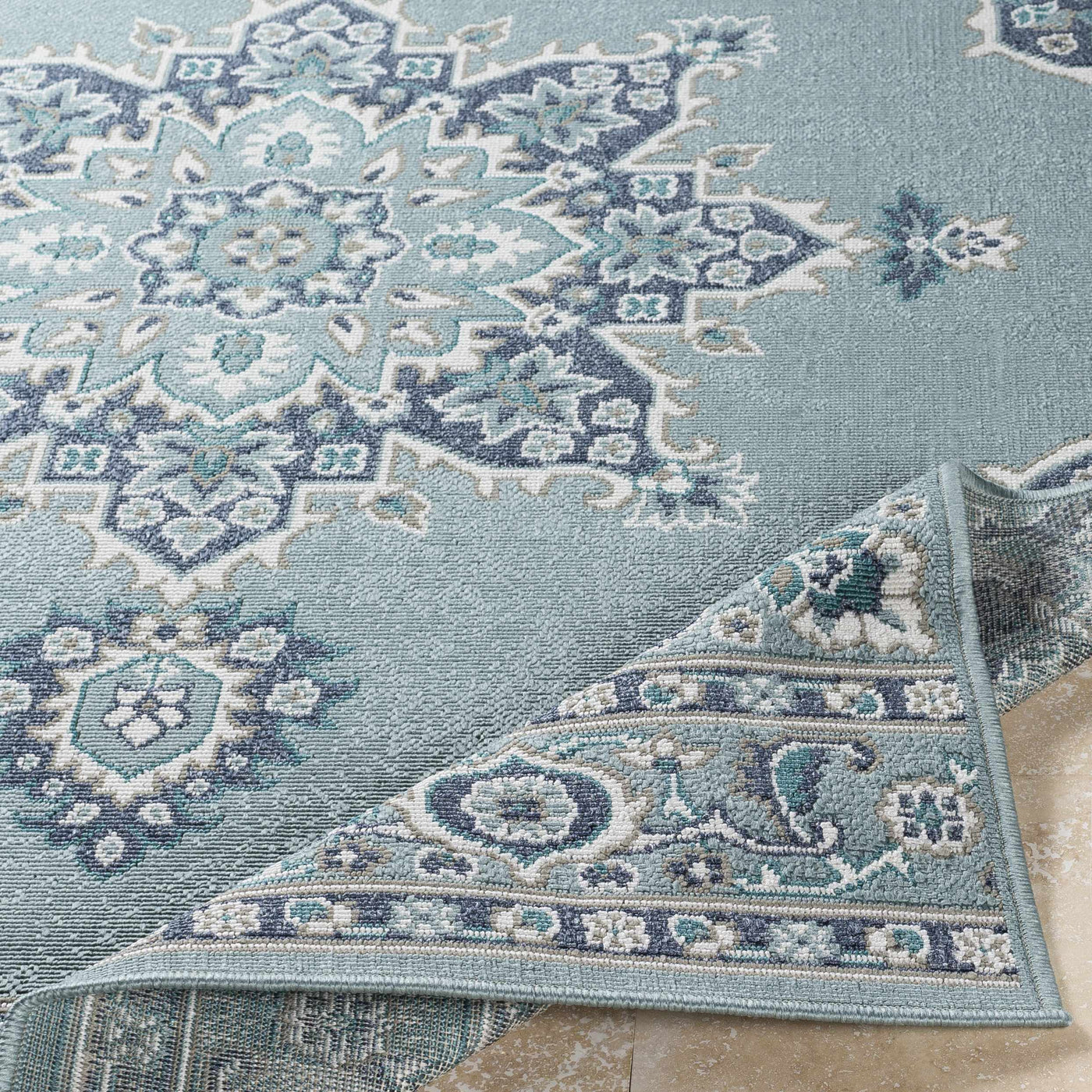 Orla Pale Blue Medallion Outdoor Area Rug - Clearance by Boutique Rugs