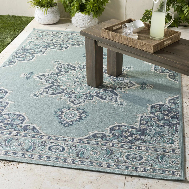Orla Pale Blue Medallion Outdoor Area Rug - Clearance by Boutique Rugs