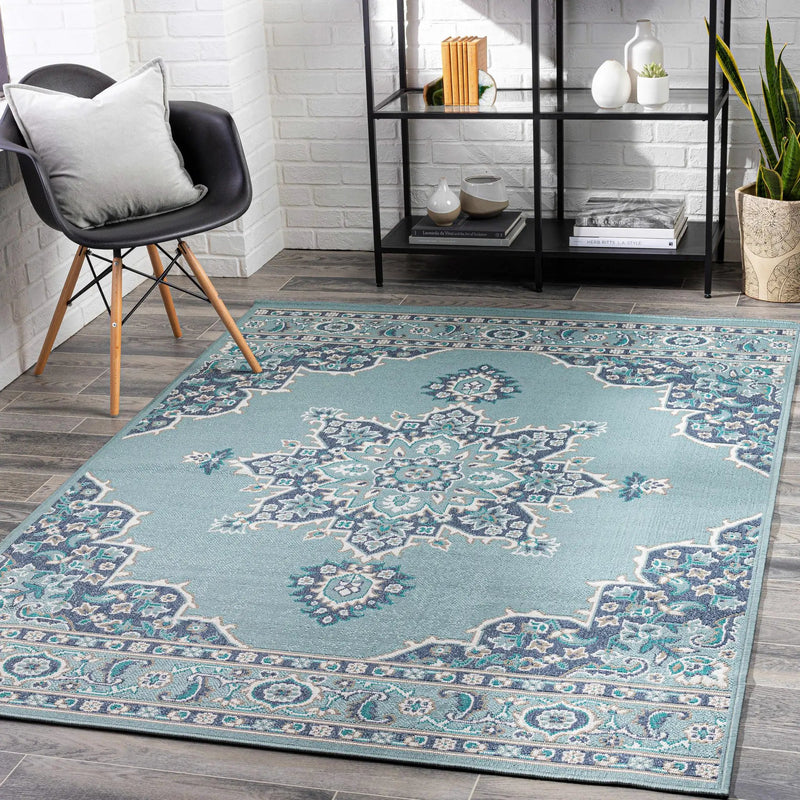 Orla Pale Blue Medallion Outdoor Area Rug - Clearance by Boutique Rugs