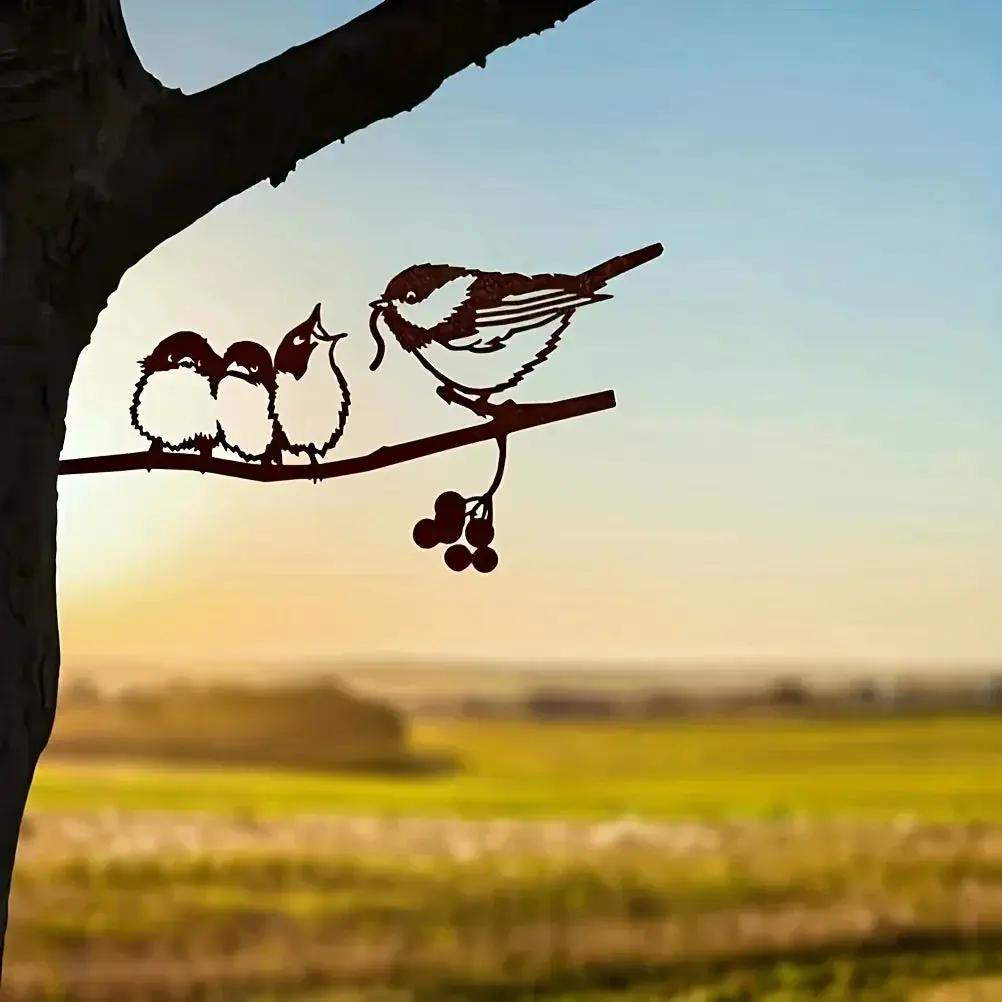 Rustic Metal Birds on Branch Wall Hanging Sculpture by House Of Avana