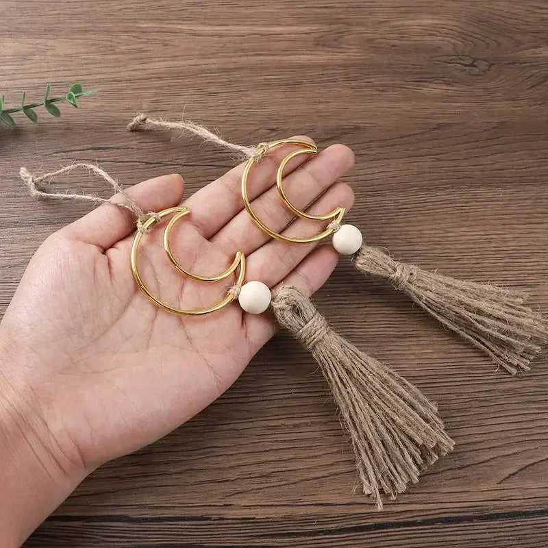 Ornament - Wooden Beads Moon Tassel Wall Decor by House Of Avana