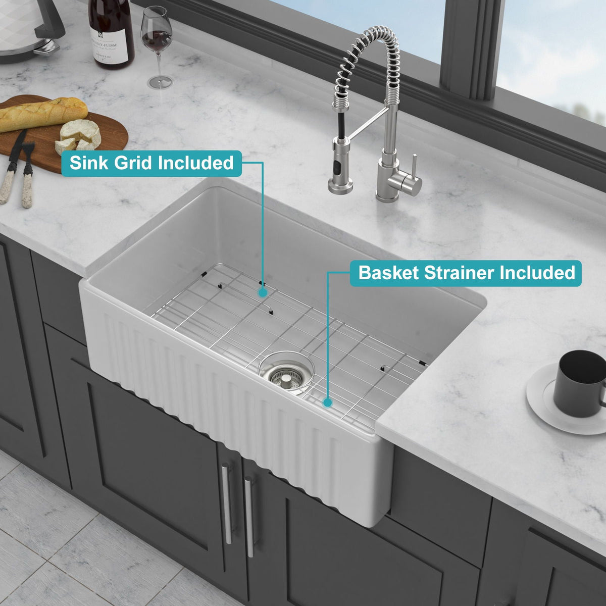 Apron-Front Reversible Single Bowl Kitchen Sink With Accessories - White, photo 2 of 4