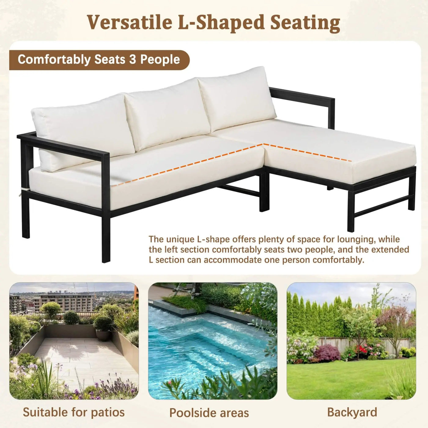 Outdoor 3-Person L-Shaped Patio Sofa With Iron Frame And Thick Cushions [No Coffee Table] (SAK70213) by SAKSBY WHOLESALE