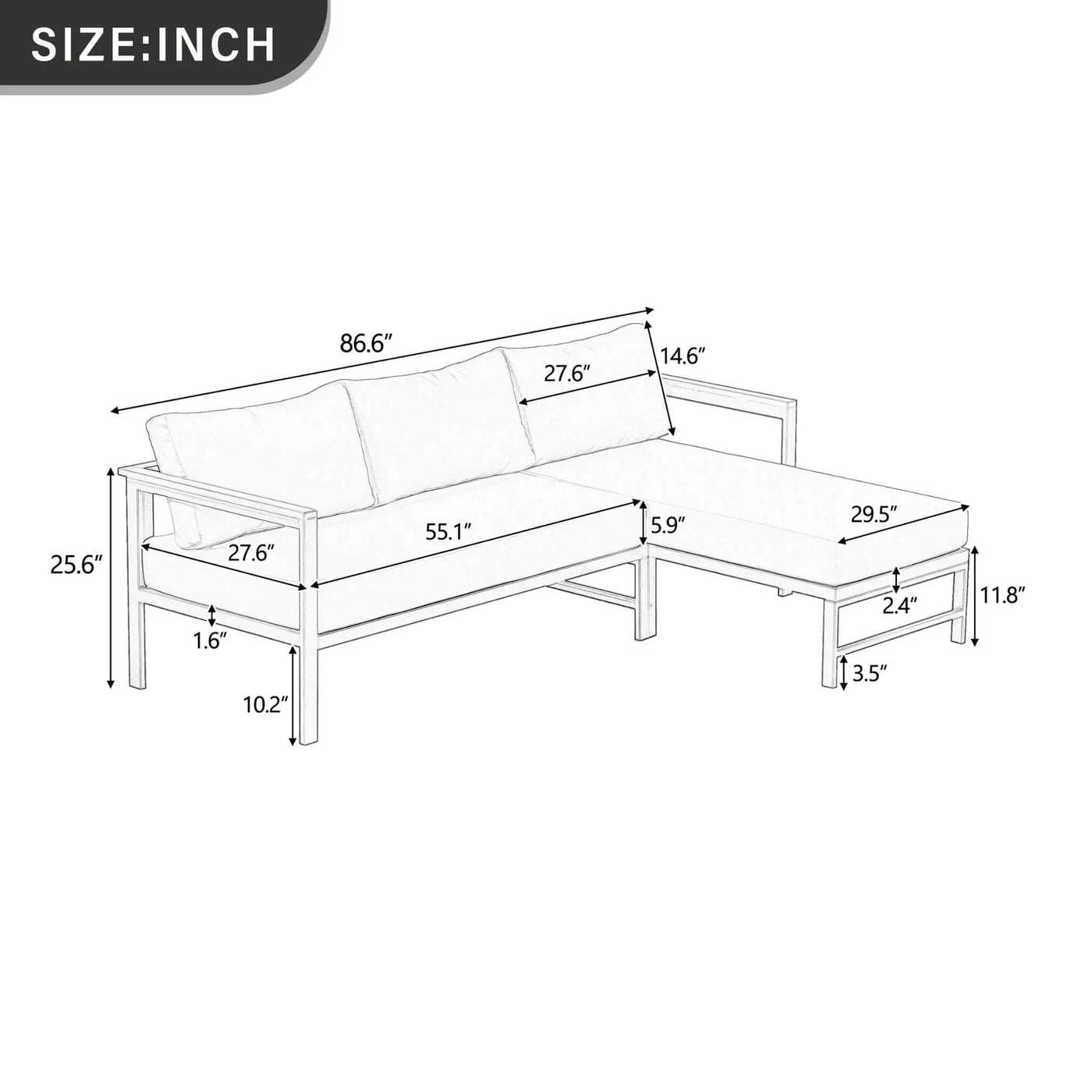 Outdoor 3-Person L-Shaped Patio Sofa With Iron Frame And Thick Cushions [No Coffee Table] (SAK70213) by SAKSBY WHOLESALE